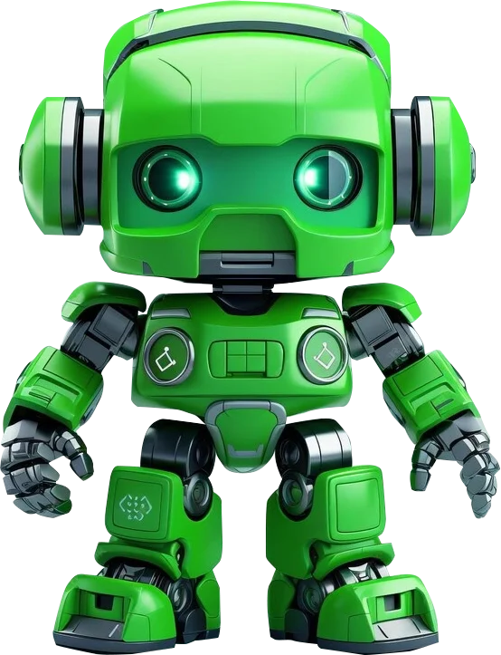 Friendly lime green AI robot, the Riomha visual mascot